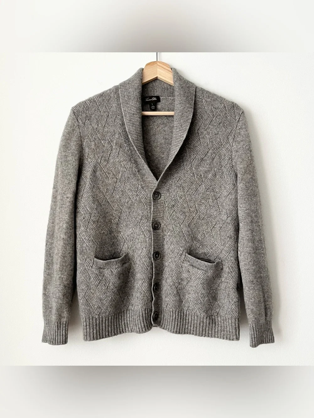 Tasso Elba Men's Gray Diamond Knit Cashmere Cardigan Sweater Size L Shawl Collar